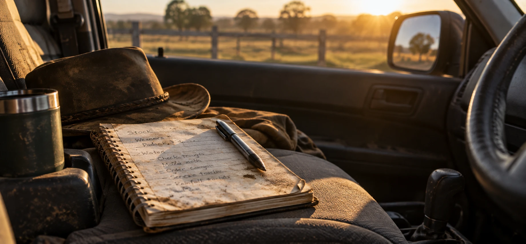 Farm notebook and pen on a ute seat at sunset