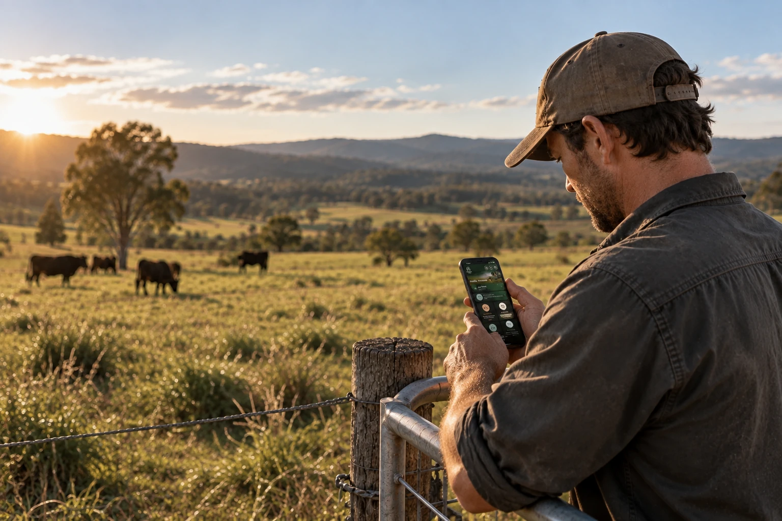 Farmer using the Farmers Mate app while looking over paddocks and cattle