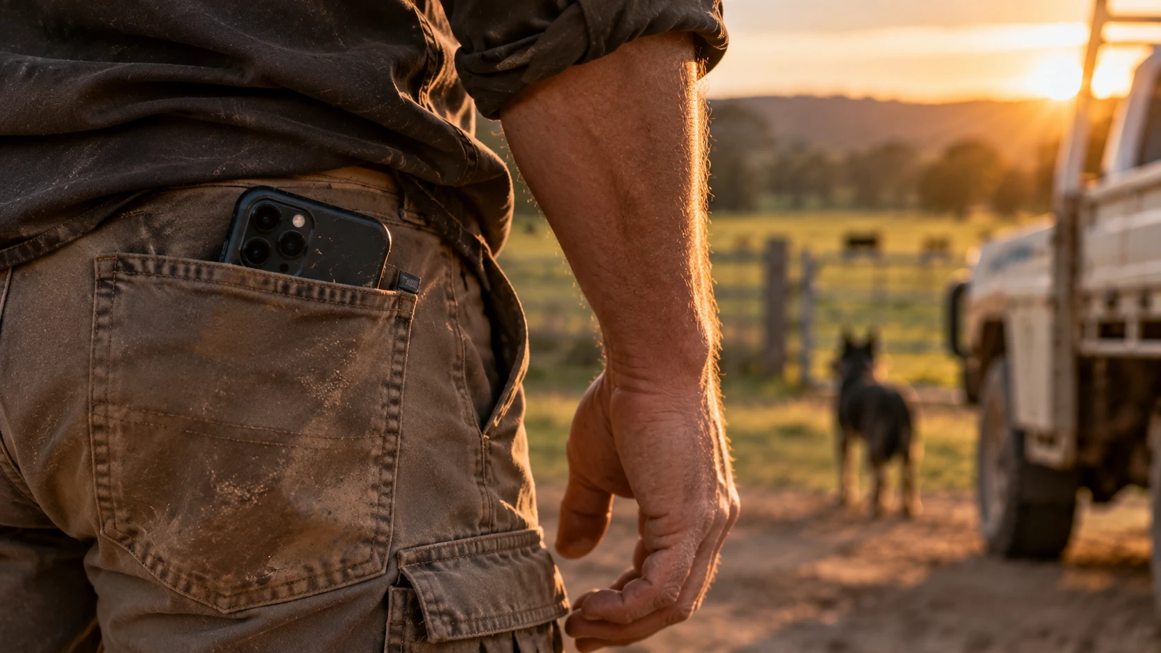 Phone in a farmer's pocket while working around the farm